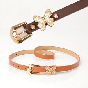 Women's slim PU leather waist belt with elegant gold butterfly buckle in brown and khaki