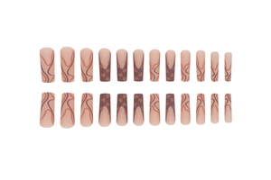 Matte long square press-on nails with dark brown heart lines and 24-piece full coverage