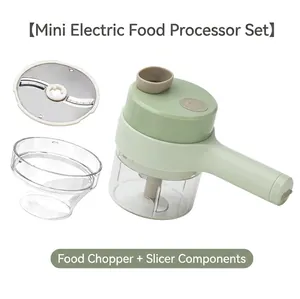 Mini electric food processor and slicer set with light green body and transparent cup