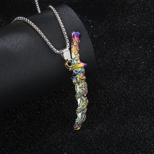 Rainbow dragon sword pendant necklace in stainless steel with colorful metallic finish