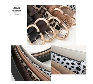 Detailed views of gold D-ring buckles and various belt textures including leopard print