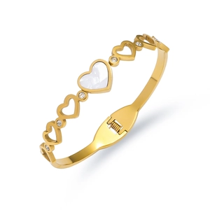Gold stainless steel heart bracelet with white shell heart and sparkling zircon accents