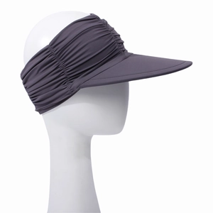 Detail view of the charcoal grey wide brim sun visor with pleated elastic headband