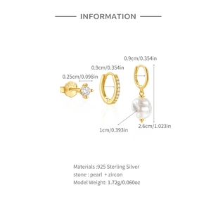 Detailed size specifications for 925 silver earring set with pearls and zircon stones