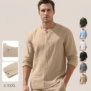Men Linen Blend Casual Shirt Long Sleeve Pleated Front Henley Neck Retro Loose Beach Tops