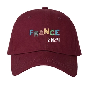 Maroon France 2024 baseball cap with colorful stripes and curved brim on white background