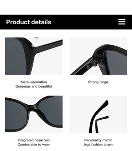 Detailed close-up of black sunglasses featuring reinforced hinges and sleek metal accents