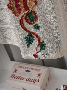 Detailed embroidery of Christmas bells and lace fabric on American style cafe curtains