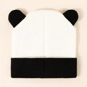 Winter panda knitted beanie hat with 3D ears for kids in black and white colors