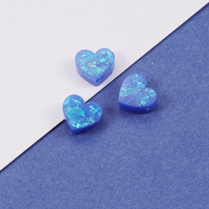 Blue heart-shaped synthetic opal beads with holographic glitter and 1.5mm holes