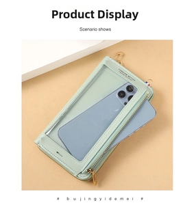 Mint green leather crossbody phone bag featuring a transparent touch screen window