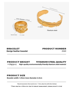 Macro detail of 18K gold titanium steel feather bangle and ring with sizing parameters