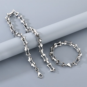 Polished stainless steel hollow bamboo link necklace and bracelet set in silver finish
