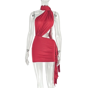 Detail of red bodycon dress with cut-out waist, ruching, and asymmetric halter neckline