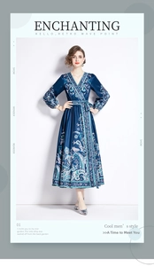Detail of V-neck long sleeve maxi dress with vintage paisley print and waist tie