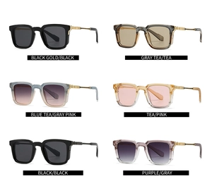 Group view of square retro sunglasses in six different gradient color combinations