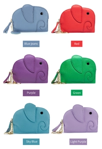 Six colors of elephant shaped leather coin purses featuring lychee texture and metal zippers