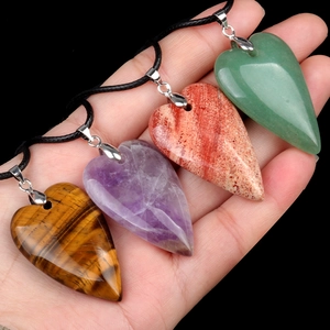 Heart Shaped Natural Stone Pendant Necklace Healing Crystal Amethyst Rose Quartz Tiger Eye Polished Gemstone Boho Jewelry