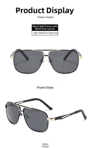 Detail view of aviator polarized sunglasses with black gold frame and dark gray lenses