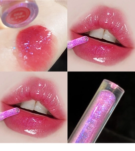Macro detail of shimmer lip gloss shade 06 showing water-gloss finish and glitter texture
