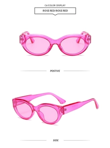 Dettaglio occhiali da sole ovali vintage rosa rosso con vista frontale e laterale