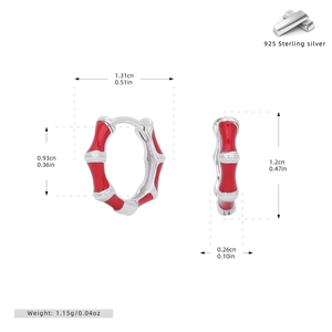 Detailed view of S925 sterling silver bamboo hoop earrings with red enamel and dimensions