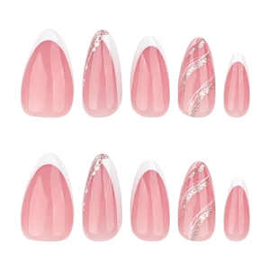 Classic white French almond press-on nails with silver glitter waves and pink base