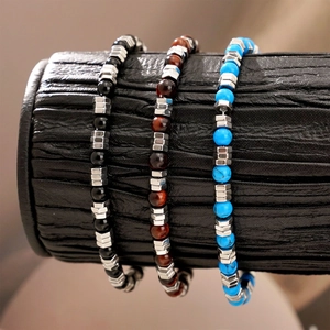 Men Beaded Bracelet Tiger Eye Black Agate Turquoise Natural Stone Stainless Steel Hexagon Nut Industrial Minimalist Vintage