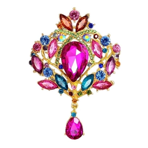 Vintage gold alloy brooch with fuchsia teardrop crystals and multicolored rhinestones
