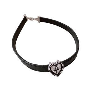 Vintage black leather choker featuring a silver heart cross pendant with adjustable chain