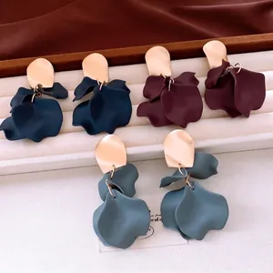 Three pairs of elegant acrylic petal drop earrings in navy, burgundy and grey-blue tones