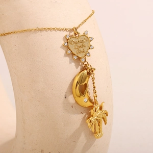 Collana Con Triplo Ciondolo Palma Cuore Luna In Acciaio Inossidabile Placcato Oro 18K Gioielli Con Strass Per Donna