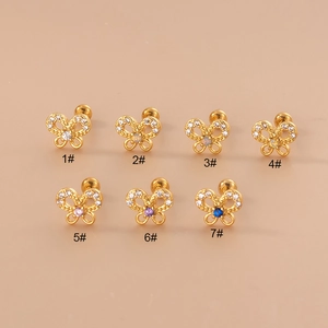 Korean Fashion Hollow Butterfly Zirconia Stainless Steel Rod Double Headed Screw Cartilage Piercing Ear Studs For Women