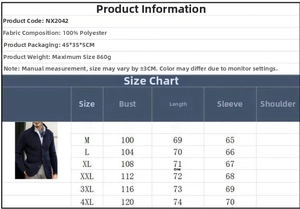 Detailed size chart for men's stand collar knit cardigan blazer showing precise measurements