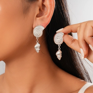 Nautical Conch Shell Dangle Earrings With Silver Earring Post Alloy Spiral Texture Vintage Marine Jewelry For Women