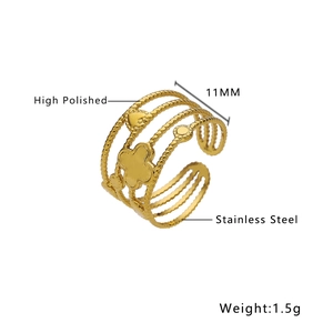 Polished gold stainless steel multi-layer open ring with clover and round charm