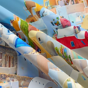 Detailed fabric texture of Mediterranean Santorini print tapestry with vibrant blue accents