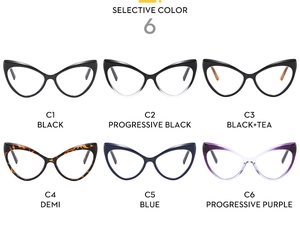 Selective color display of elegant cat-eye glasses frames in six various finishes