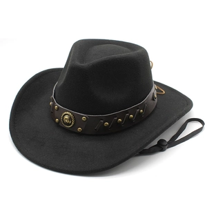 Western Cowboy Hat Felt Wide Brim Rivet Leather Band Adjustable Wind Rope Outdoor Retro Fedora For Men Women