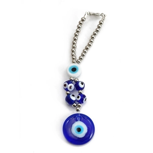 Detail of blue glass evil eye keychain with glass beads and a silver lobster clasp