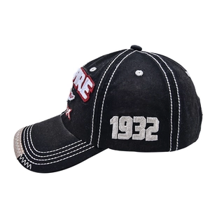 Detail of 1932 embroidery on vintage black washed cotton baseball cap with star pattern
