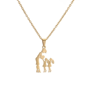 Collier en acier inoxydable doré avec pendentif silhouette de mère et deux filles