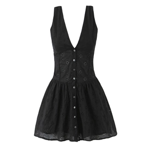Chic black sleeveless V-neck mini dress with eyelet embroidery and front button detail