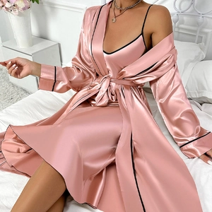 Pink satin robe set for women with black contrast trim and matching camisole nightgown
