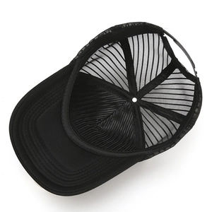 Classic black trucker hat with breathable mesh back and adjustable snapback closure
