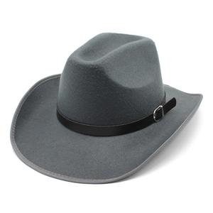 Detail of dark grey wool felt western cowboy hat with black buckled decorative band