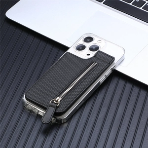 Detailed macro of universal adhesive card holder with carbon fiber texture on phone case