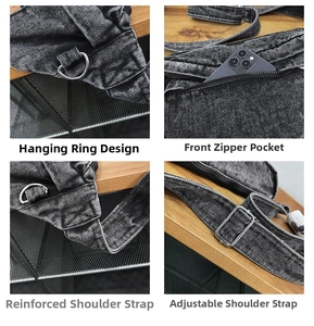 Detail view of denim chest bag featuring metal D-ring, zipper pocket, and adjustable strap