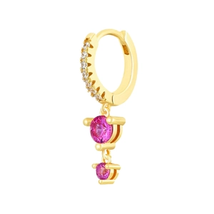 Detail of a gold hoop earring with white stones and vertical pink crystal drops