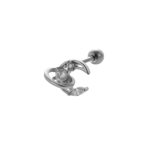 Detail of crescent moon earring with clear cubic zirconia in polished silver steel